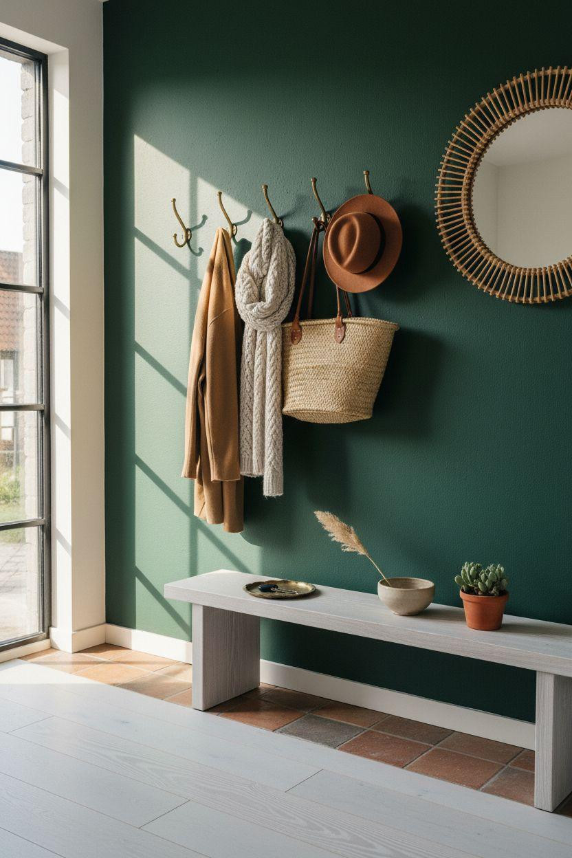 Coat Rack Entryway with emerald green wall and brass hooks