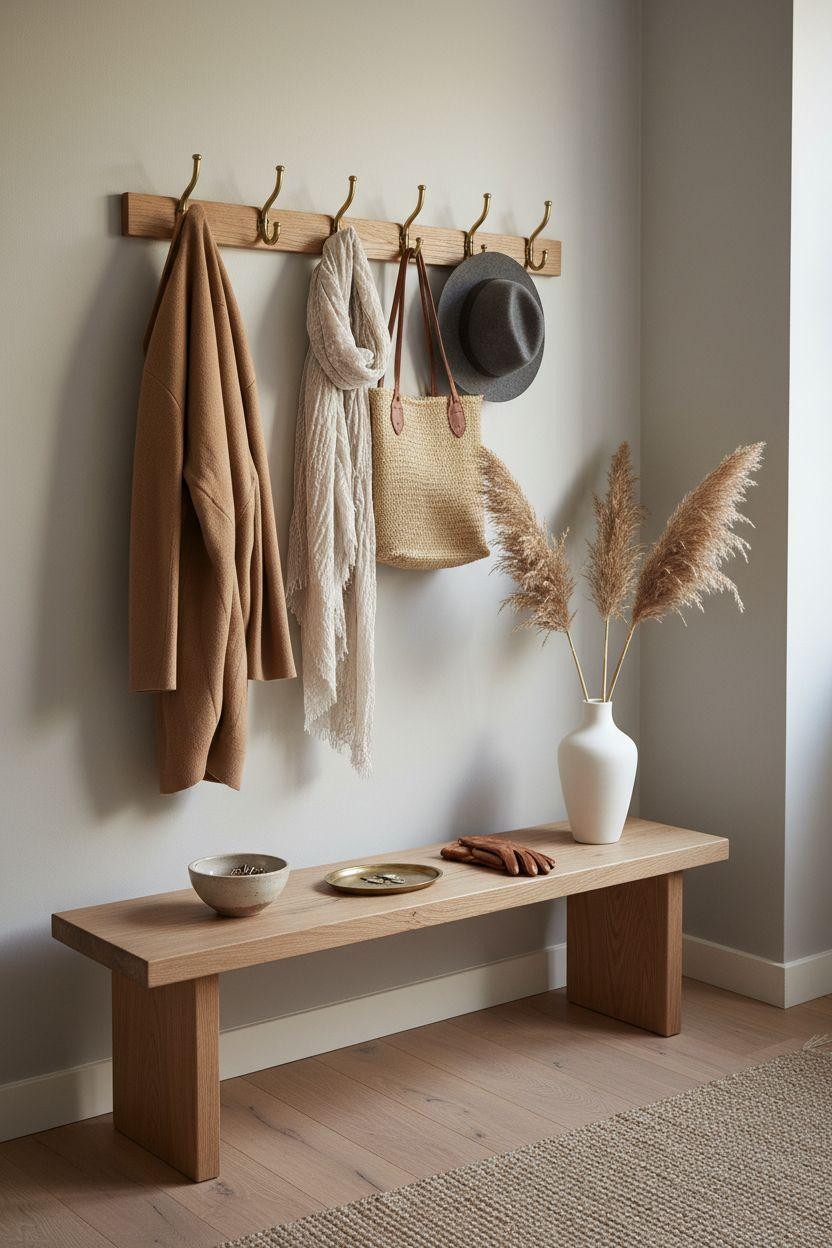 Coat Rack Entryway with honey oak and brass double hooks