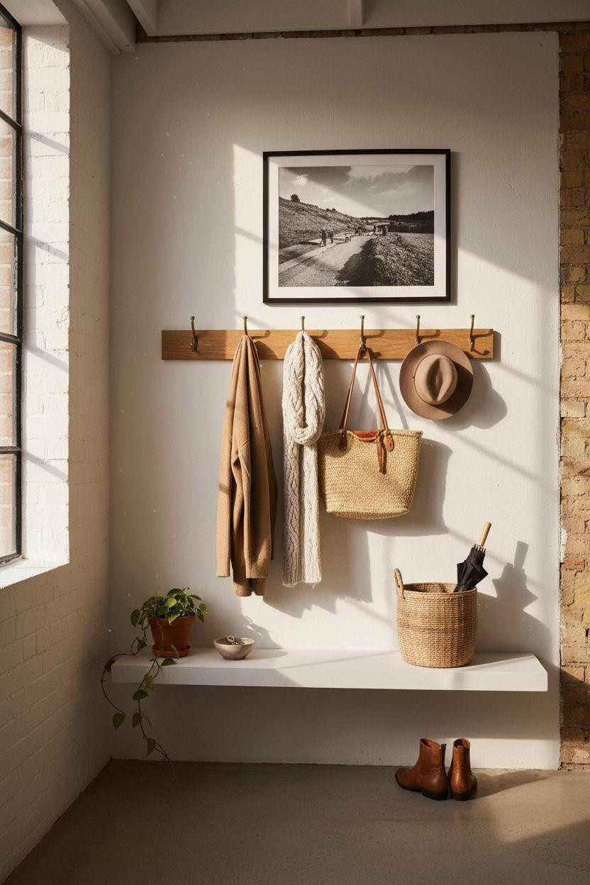 Coat Rack Entryway with side lighting and exposed brick