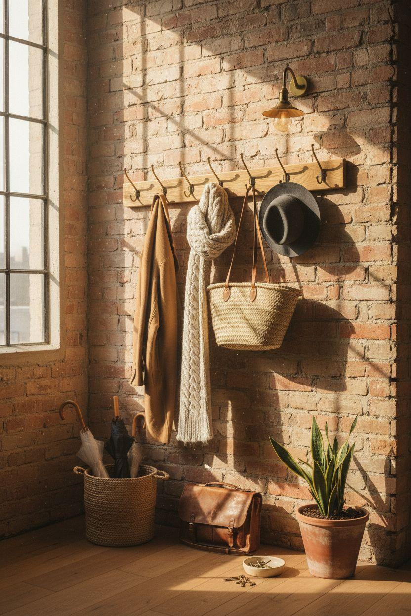 Coat Rack Entryway overhead view with vintage leather accents