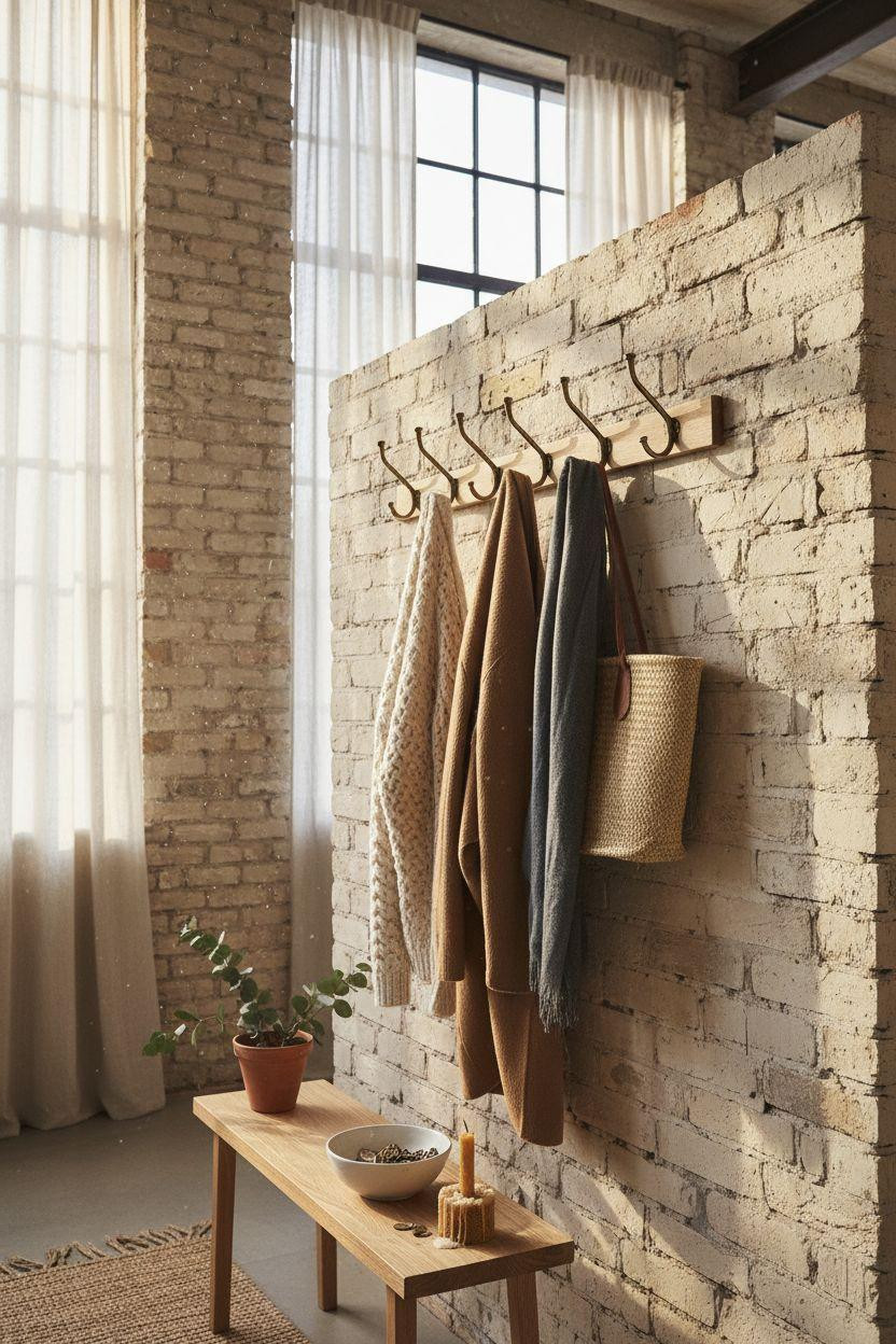Coat Rack Entryway with cable knit textures and honey oak