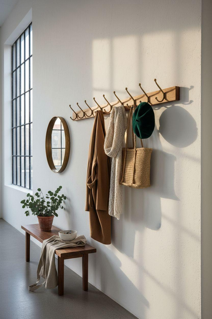 Coat Rack Entryway in minimalist hallway with emerald accent