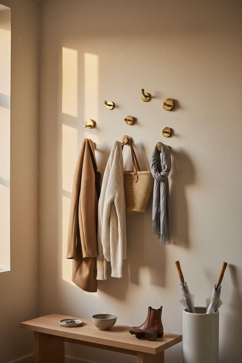 Coat Rack Entryway with individual brass hooks at varied heights