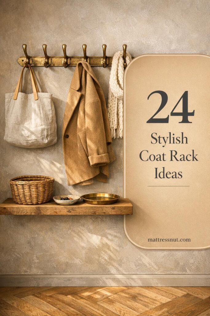 Elegant wall-mounted brass coat rack with floating white oak shelf, herringbone flooring, warm greige textured walls, wool coat and linen bag displayed