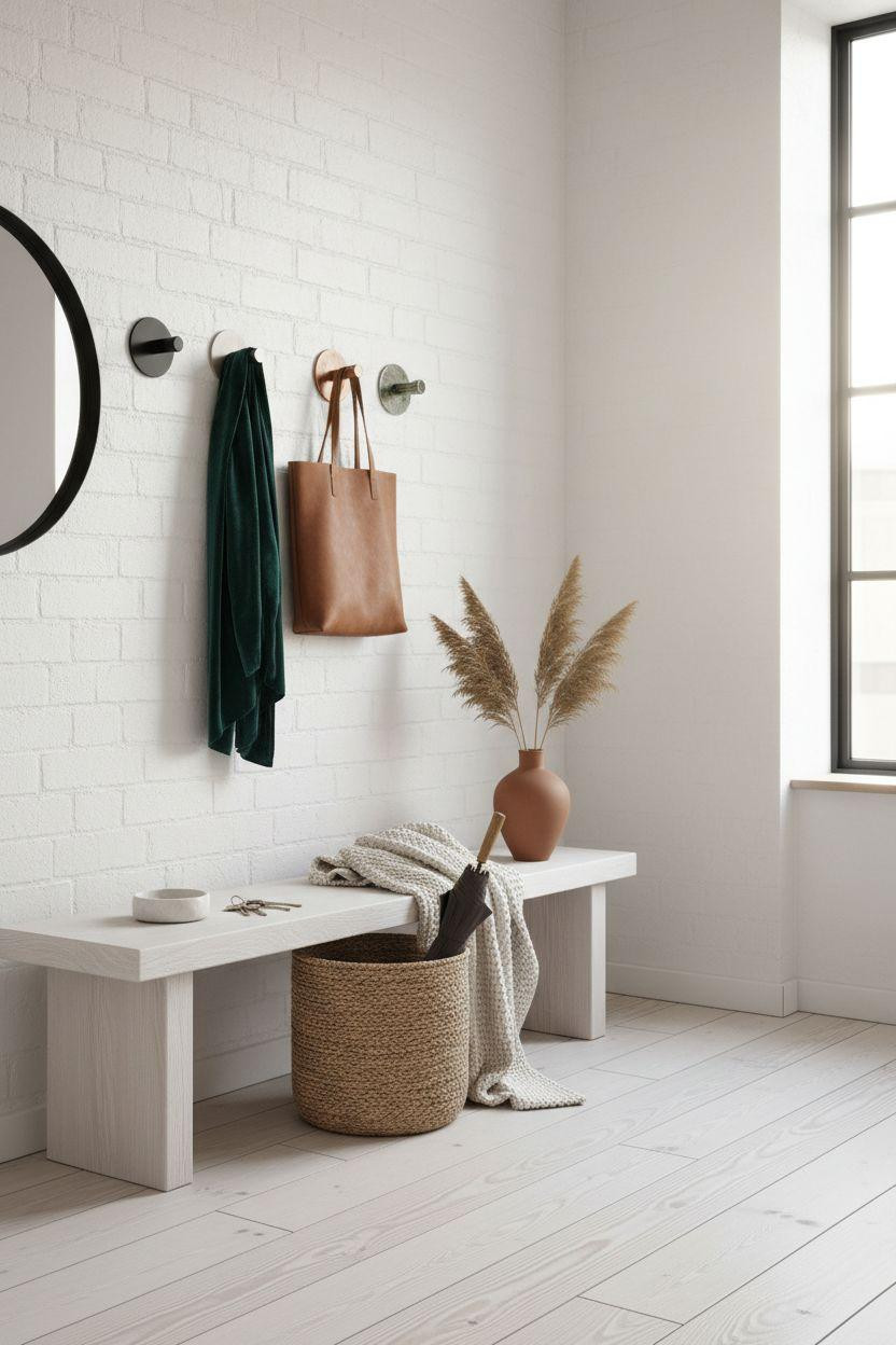 Coat Rack Entryway with mixed metal hooks and emerald accent