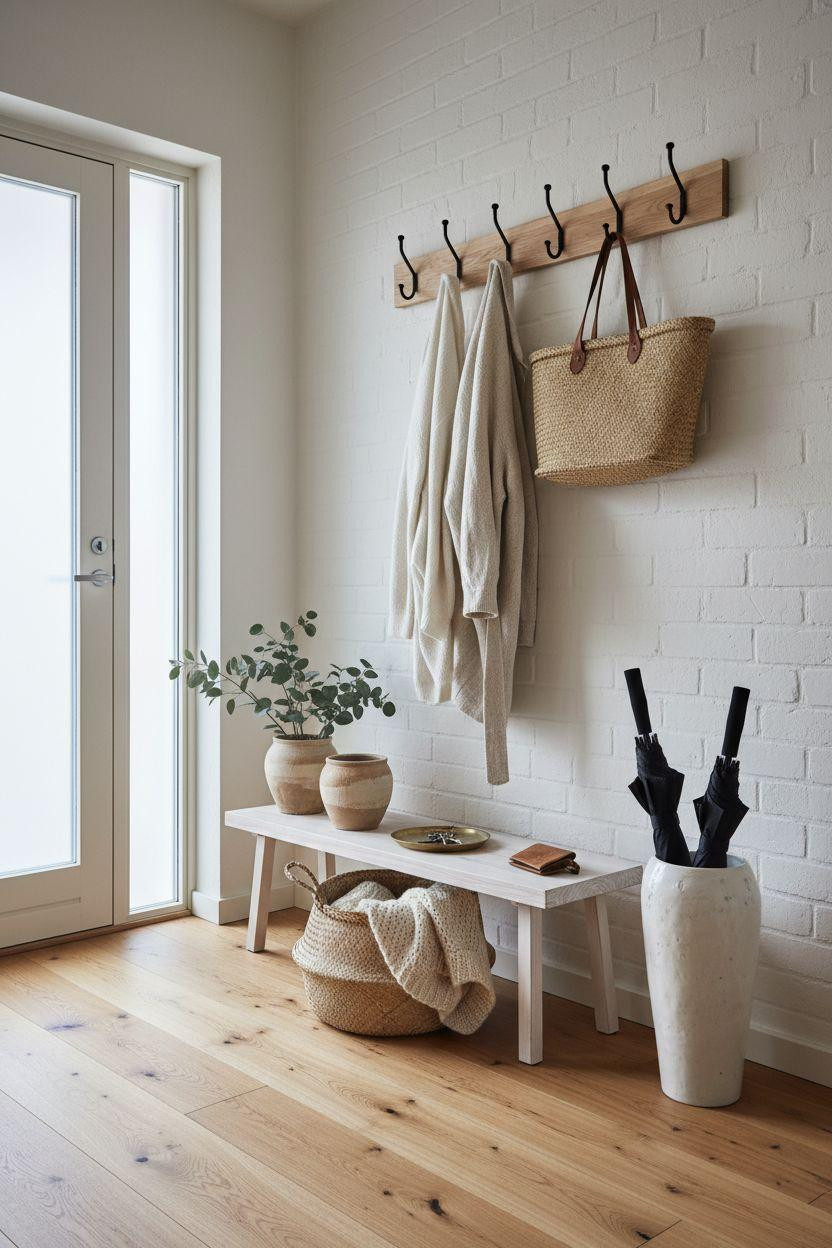 Coat Rack Entryway with frosted glass door and soft lighting