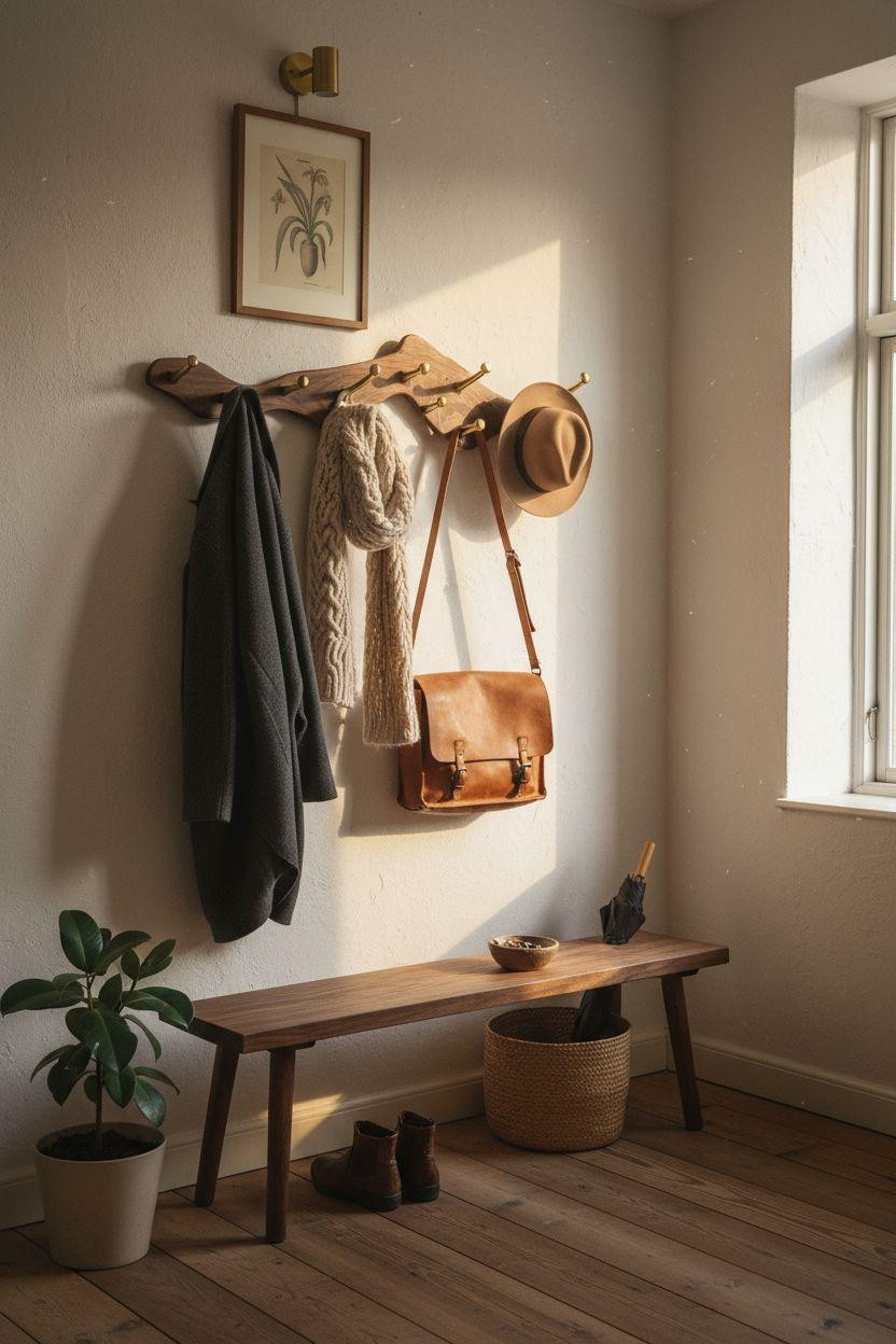 Coat Rack Entryway with walnut bench and sculptural brass