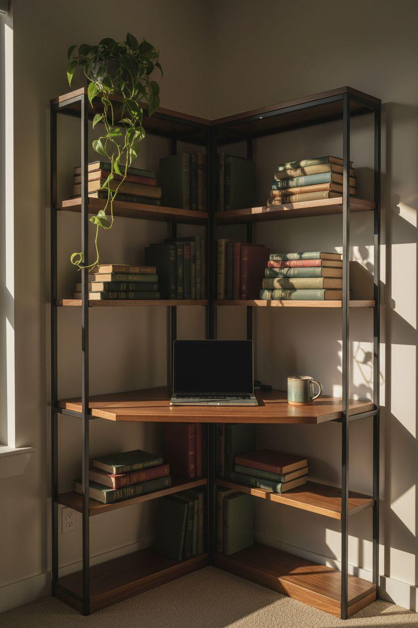 Corner bookshelf - compact unit with integrated desk workspace