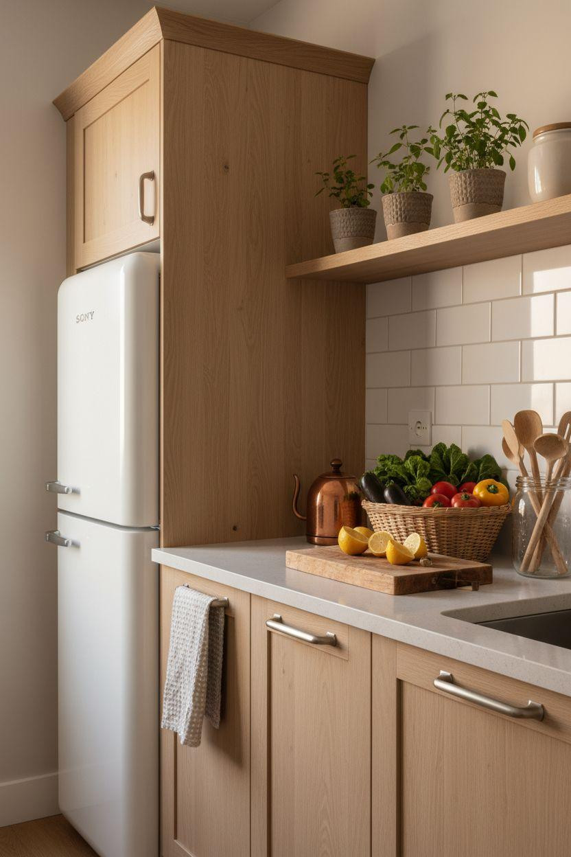 Tiny Kitchen Ideas - integrated fridge blending into pale oak cabinets