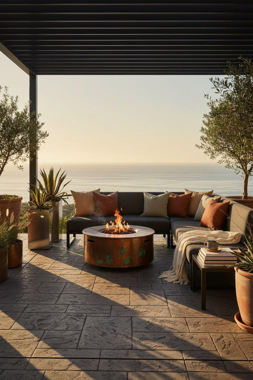 Concrete patio ideas featuring charcoal ashlar pattern with metallic accents