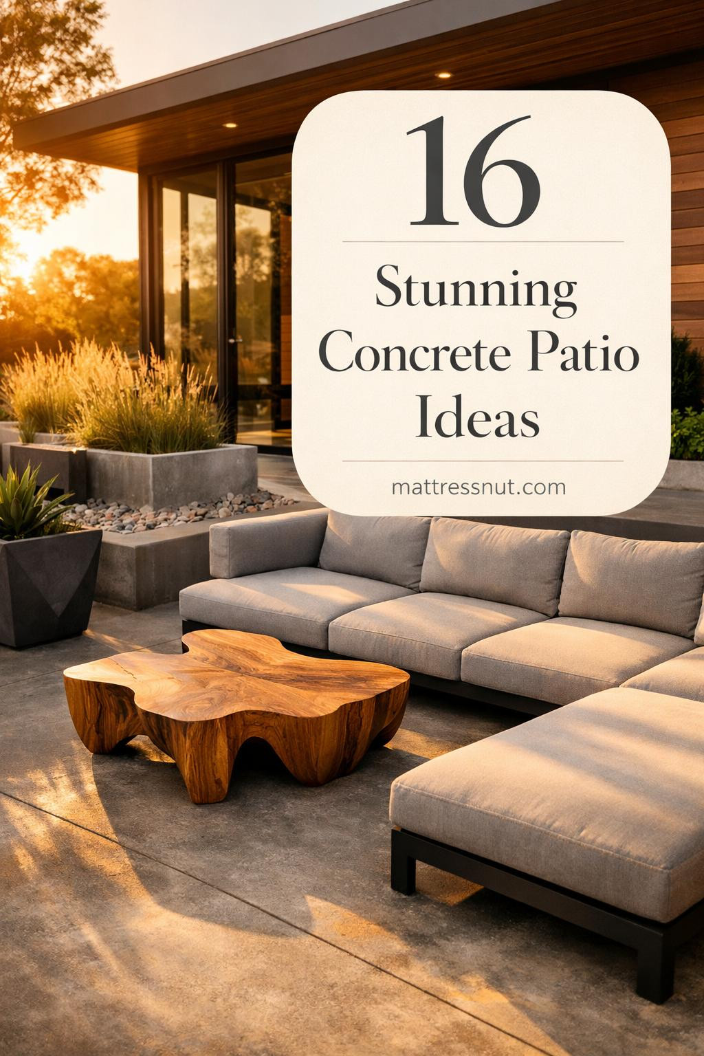 Modern concrete patio with smooth gray finish, contemporary sectional seating, teak coffee table, geometric planters, and native grasses