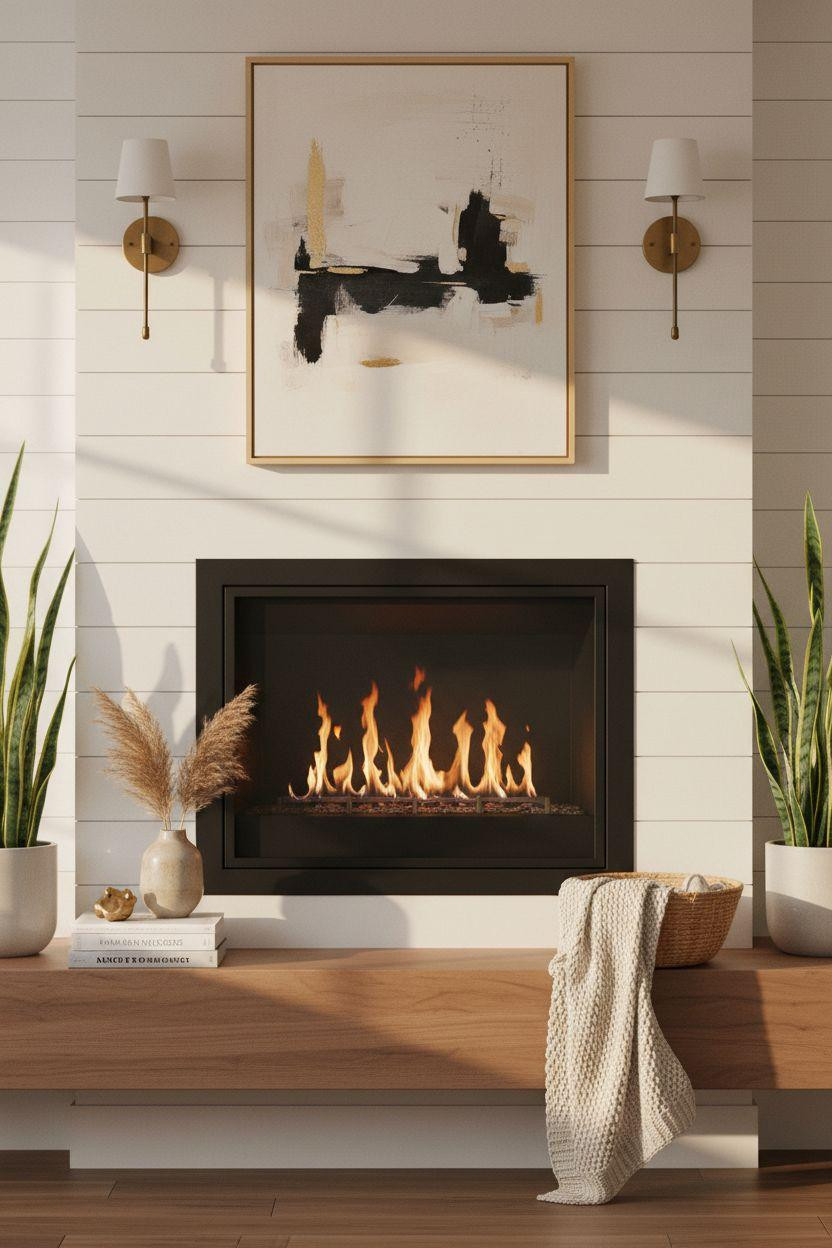 Fireplace Ideas - white shiplap with console