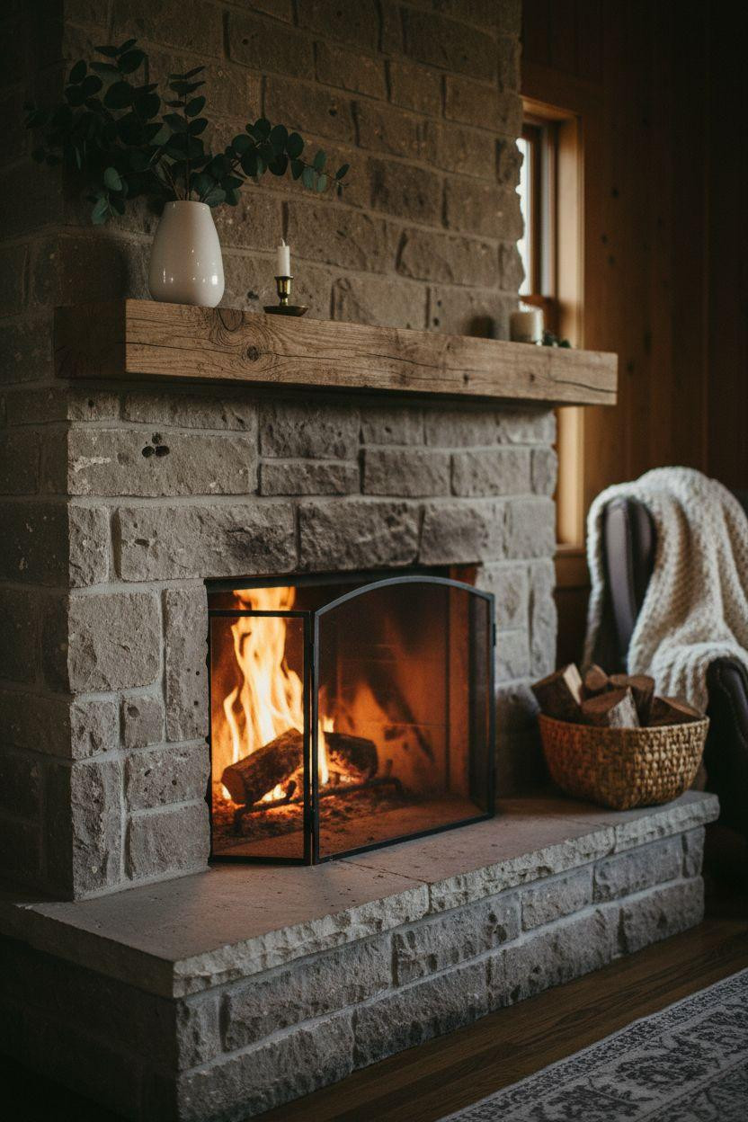 Closeup of corner stone fireplace with crackling fire and textures