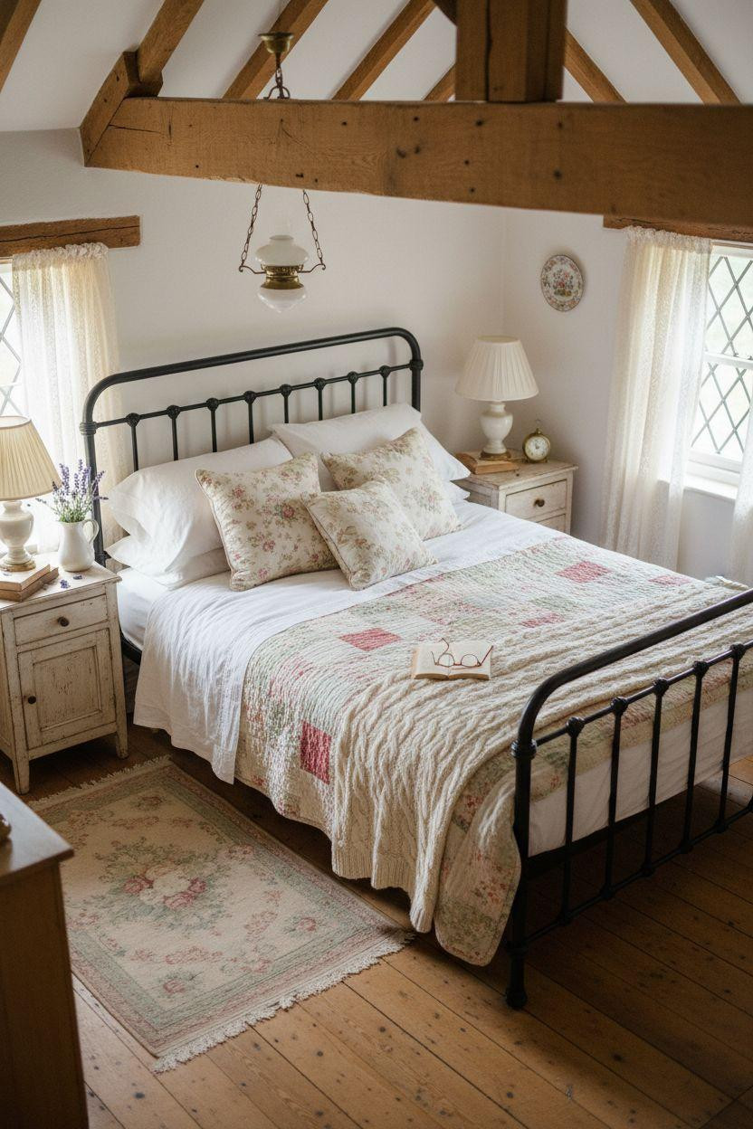 Cottage Bedroom - overhead view with patchwork quilt and pendant light