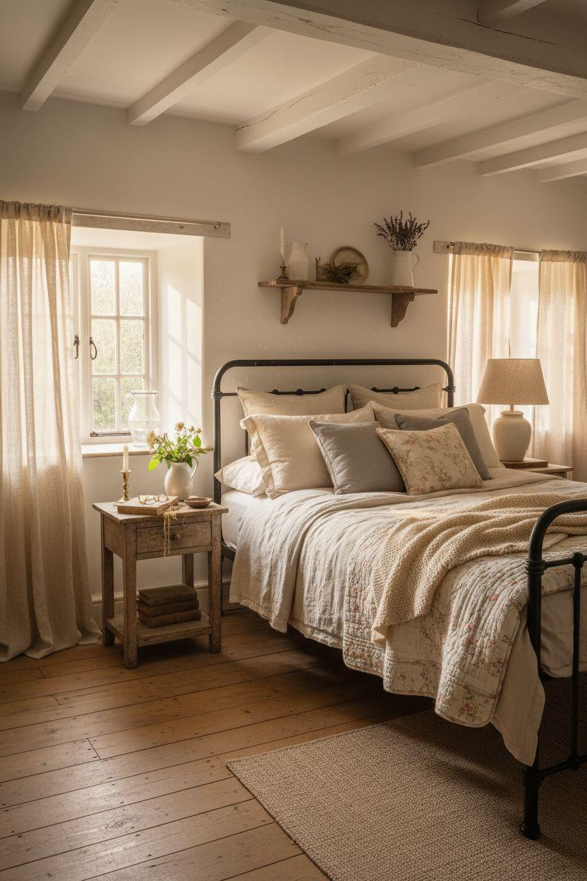 Cottage Bedroom - whitewashed beams with floating shelves