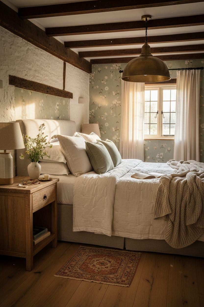 Cottage Bedroom - small cottage with oversized brass pendant