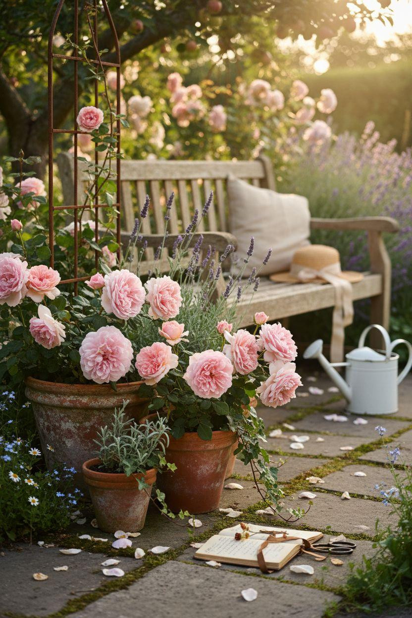 Cottage Garden close-up with roses and terracotta pots