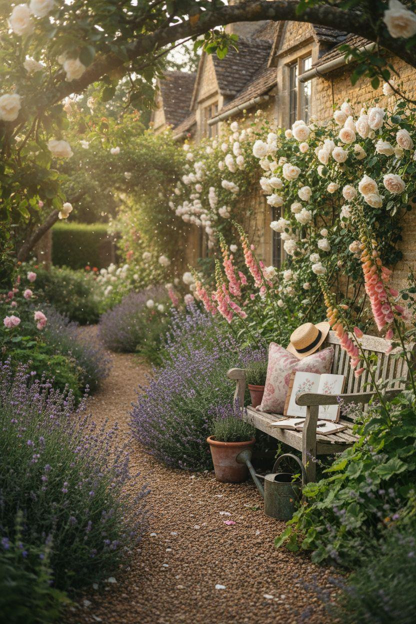 Cottage Garden path with abundant borders and bench