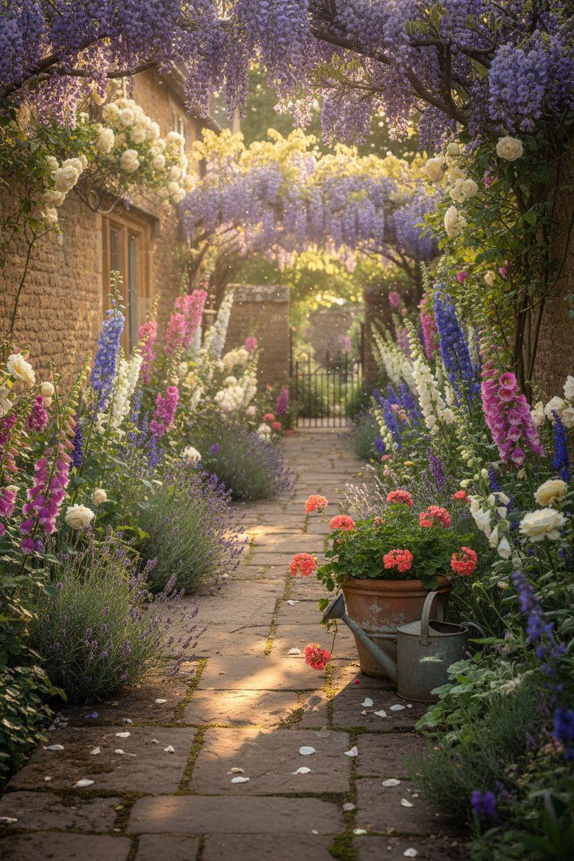 Cottage Garden path with wisteria overhead and foxgloves