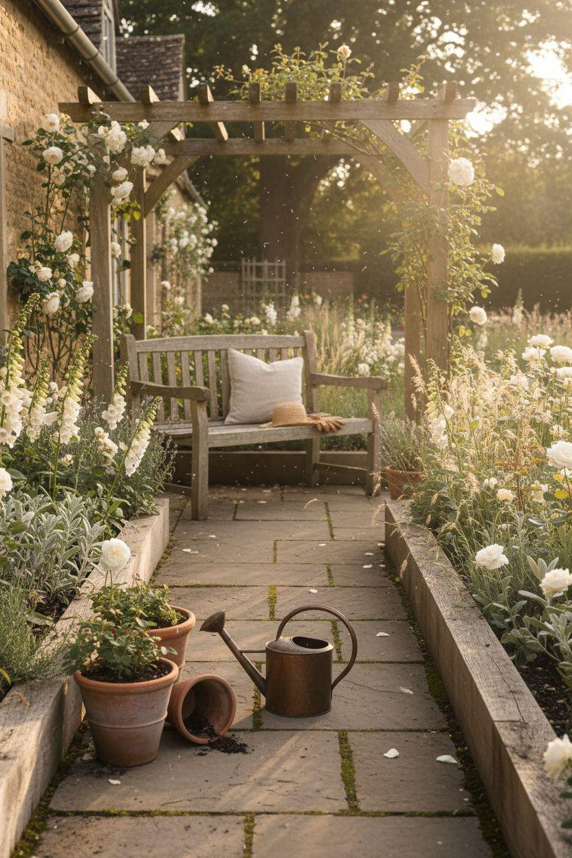 Cottage Garden path with wisteria and neutral palette