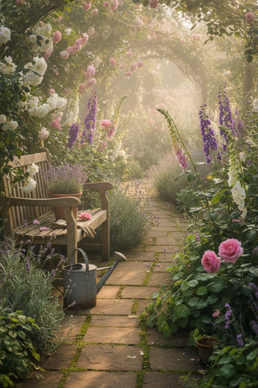 Cottage Garden morning light with spider webs