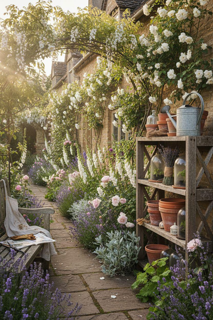 Cottage Garden pathway with shelving and herbs