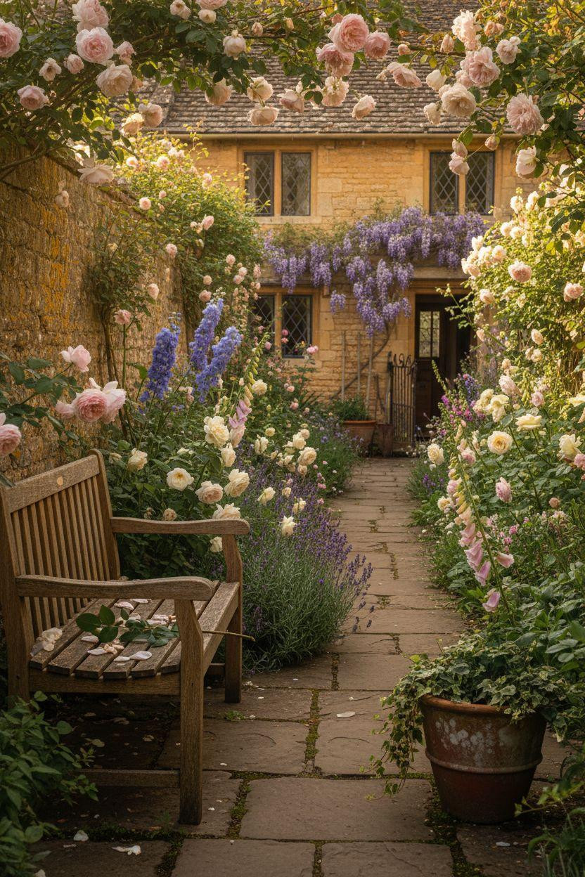 Cottage Garden side view with delphiniums and stone cottage