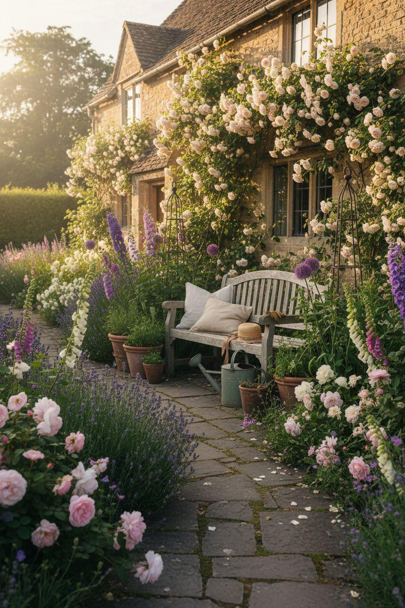 Cottage Garden with climbing roses and stone path
