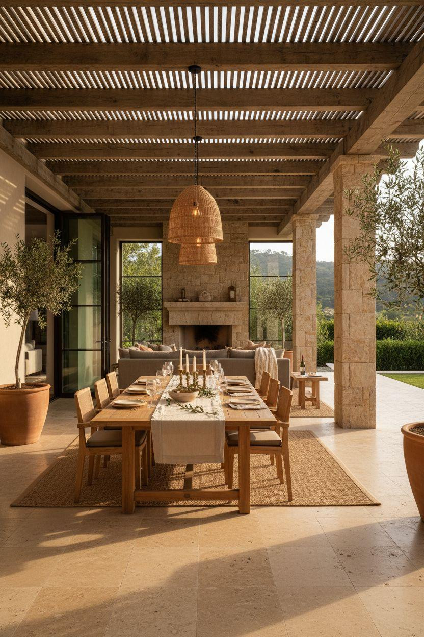 Covered Patio Ideas - Montecito villa with teak dining