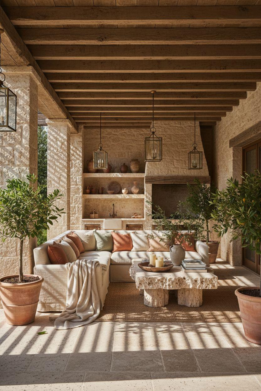 Covered Patio Ideas - Tuscan farmhouse with stone columns