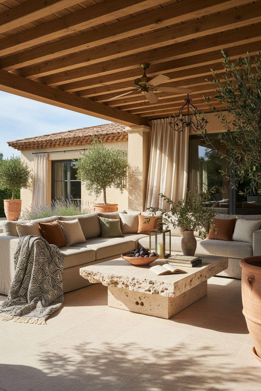 Covered Patio Ideas - Mediterranean villa with travertine