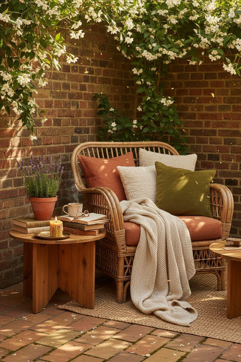 Backyard patio ideas with cozy rattan lounge chair and climbing jasmine