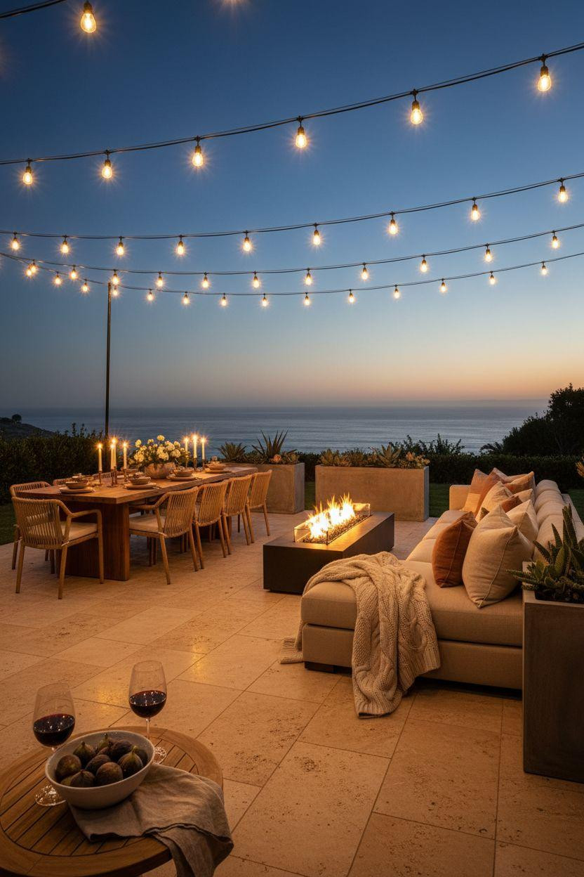 Backyard patio ideas featuring designer sectional and fire feature