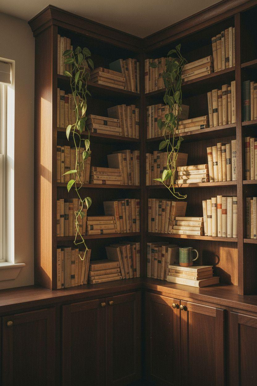 Corner bookshelf - floor-to-ceiling walnut in bedroom sanctuary