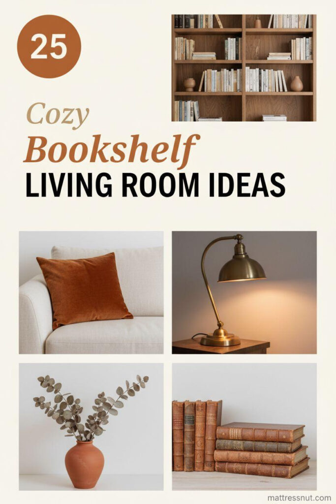 Pinterest board cover collage showcasing warm walnut bookshelf, burnt orange velvet pillow on cream sofa, brass lamp with amber glow, terracotta vase with dried eucalyptus, and vintage books with leather spines. Features circular badge with '25' and tiered text overlay on clean ivory background for cozy living room inspiration.