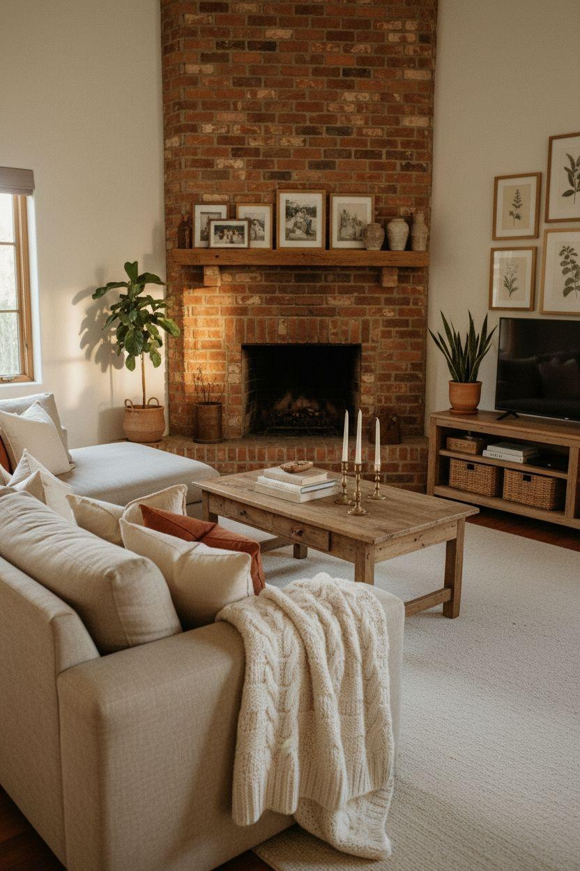 Corner Fireplace Living Room Layout with red brick chimney