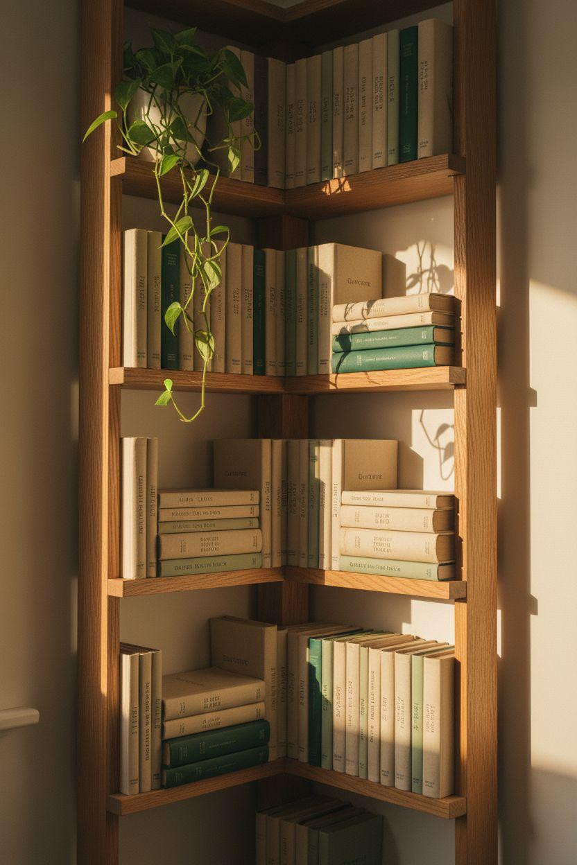 Corner bookshelf - compact ladder-style oak for small spaces