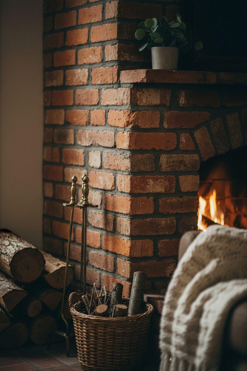 Corner brick fireplace with crackling fire and warm textures