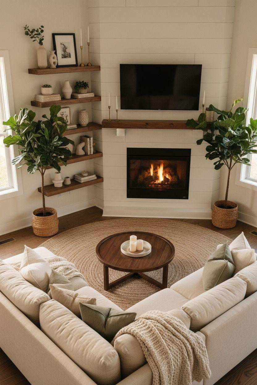 Corner Fireplace Living Room Layout with white shiplap and floating shelves