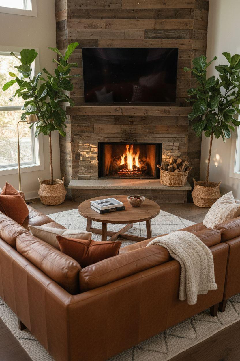 Corner Fireplace Living Room Layout with stone surround and mounted TV