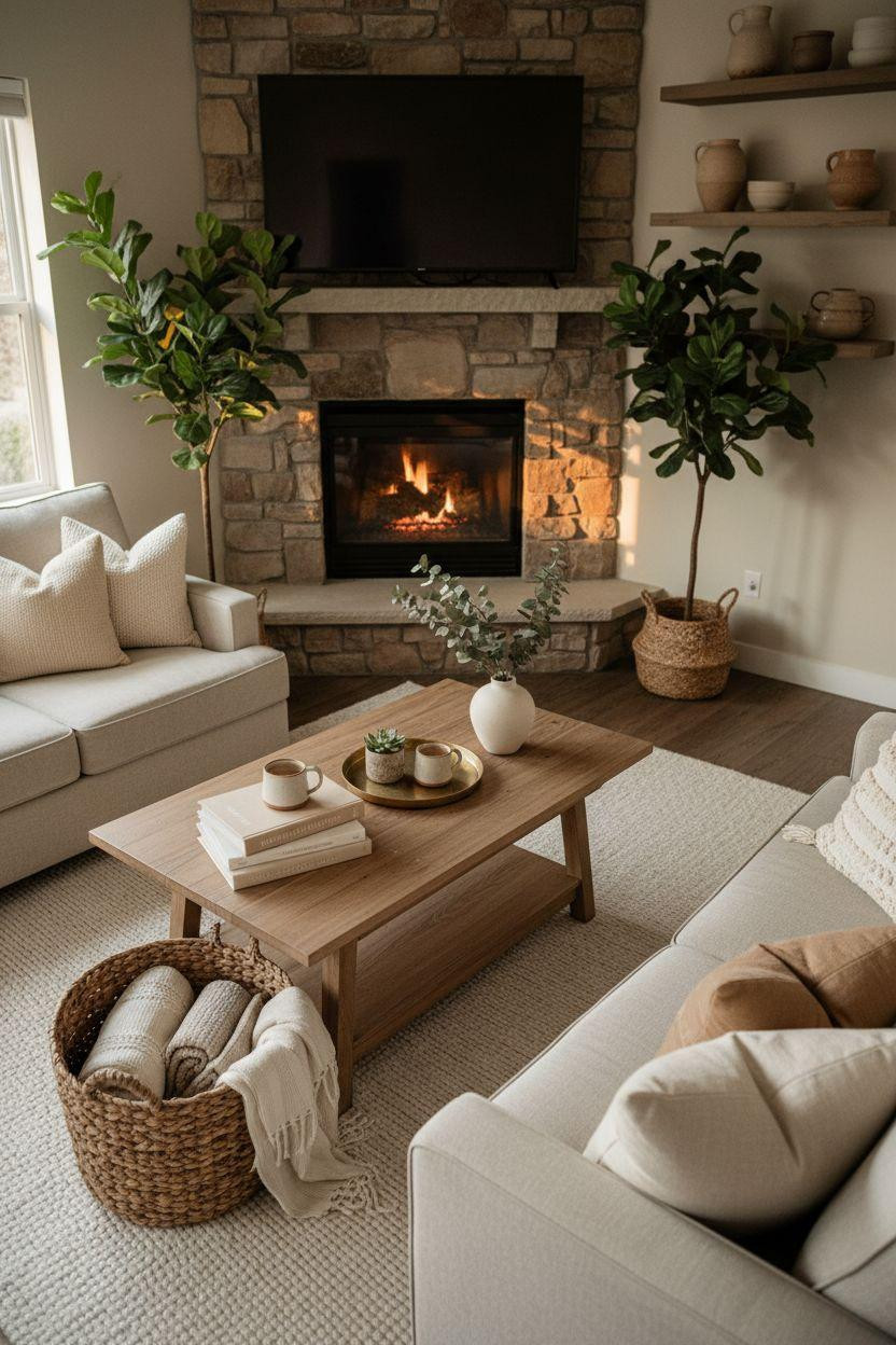 Small living room with corner fireplace and styled coffee table