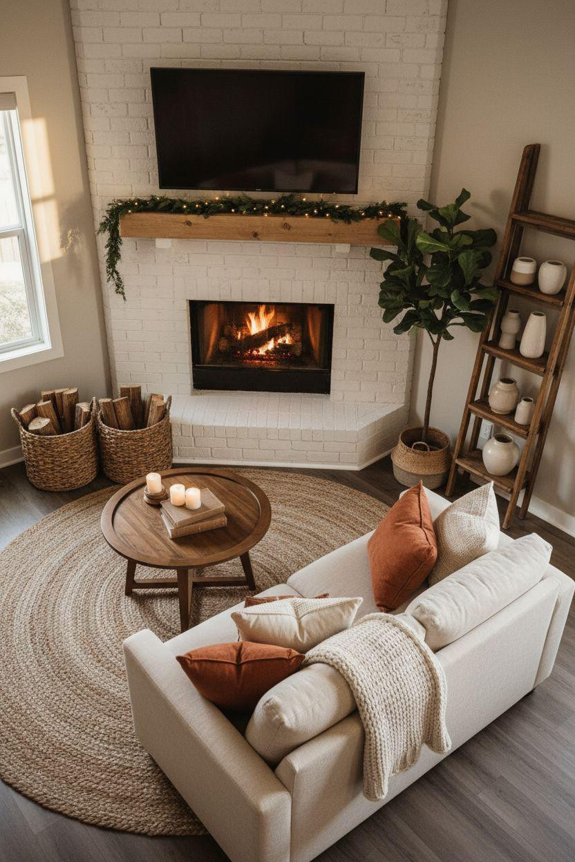 Corner fireplace with whitewashed brick and natural wood mantel