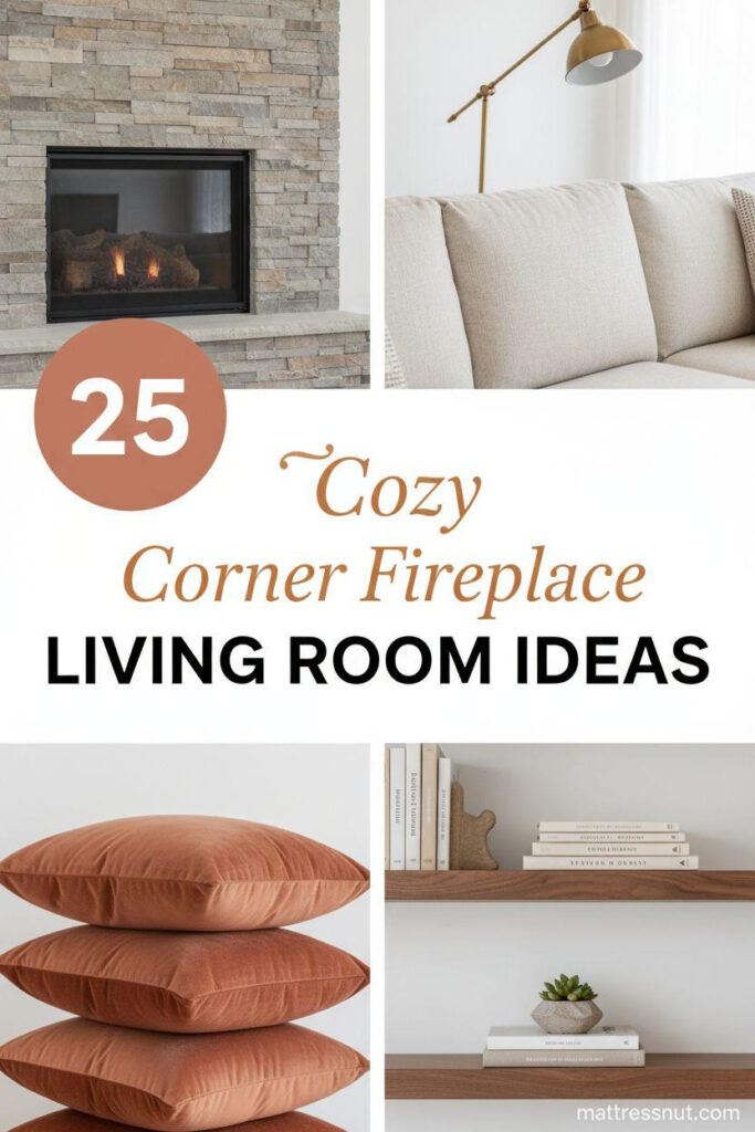 Collage for Pinterest board cover with circular terracotta badge showing '25', elegant 'Cozy' text, large 'Corner Fireplace' in cognac, and bold 'LIVING ROOM IDEAS'. Features modern stone fireplace, cream linen sectional, terracotta velvet pillows, walnut shelves, brass lamp on clean white background.