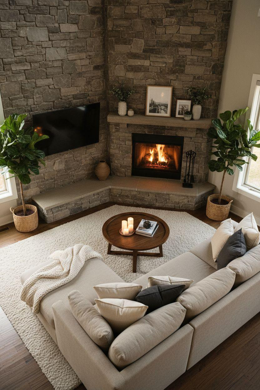 Corner Fireplace Living Room Layout with L-shaped sofa arrangement