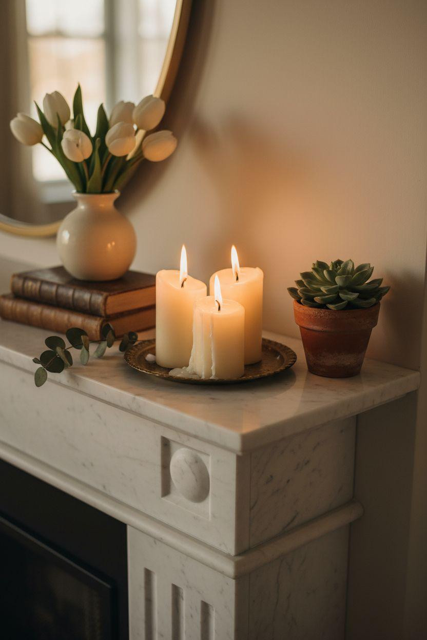 Corner Fireplace Living Room Layout mantel detail with candles and marble