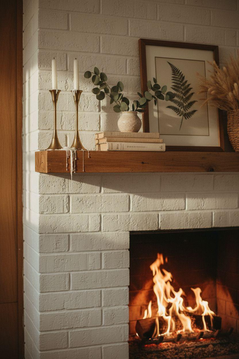 Corner Fireplace Living Room Layout detail with fire and styled mantel