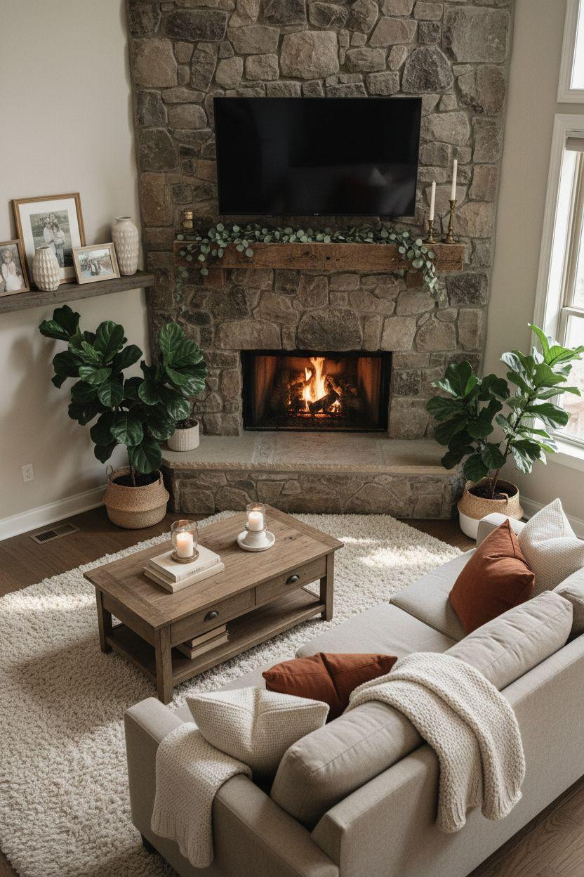 Cozy small living room with corner stone fireplace and sectional