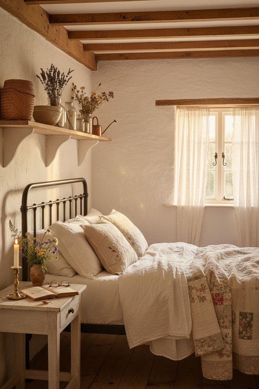 Cottage Bedroom - cottagecore with weathered oak shelves