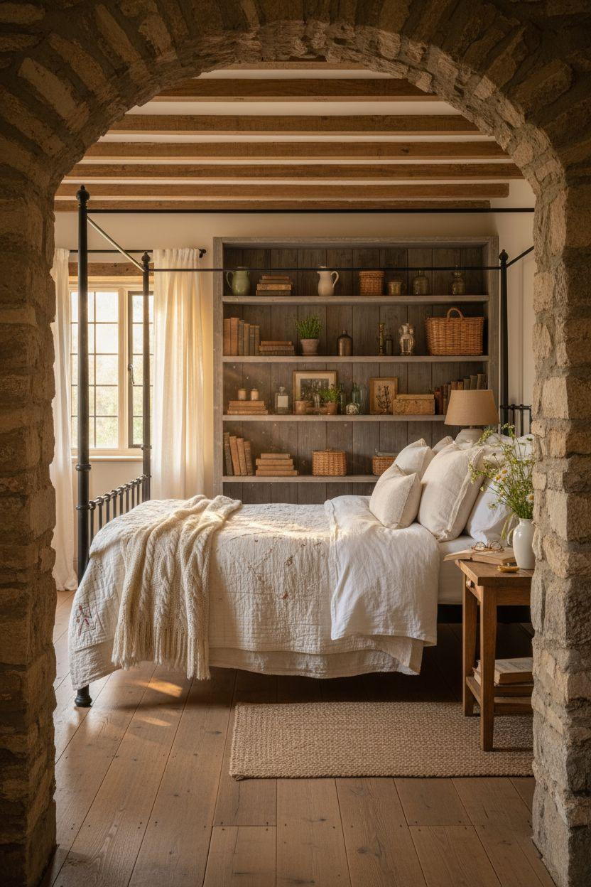 Cottage Bedroom - arched doorway view with barn wood shelves