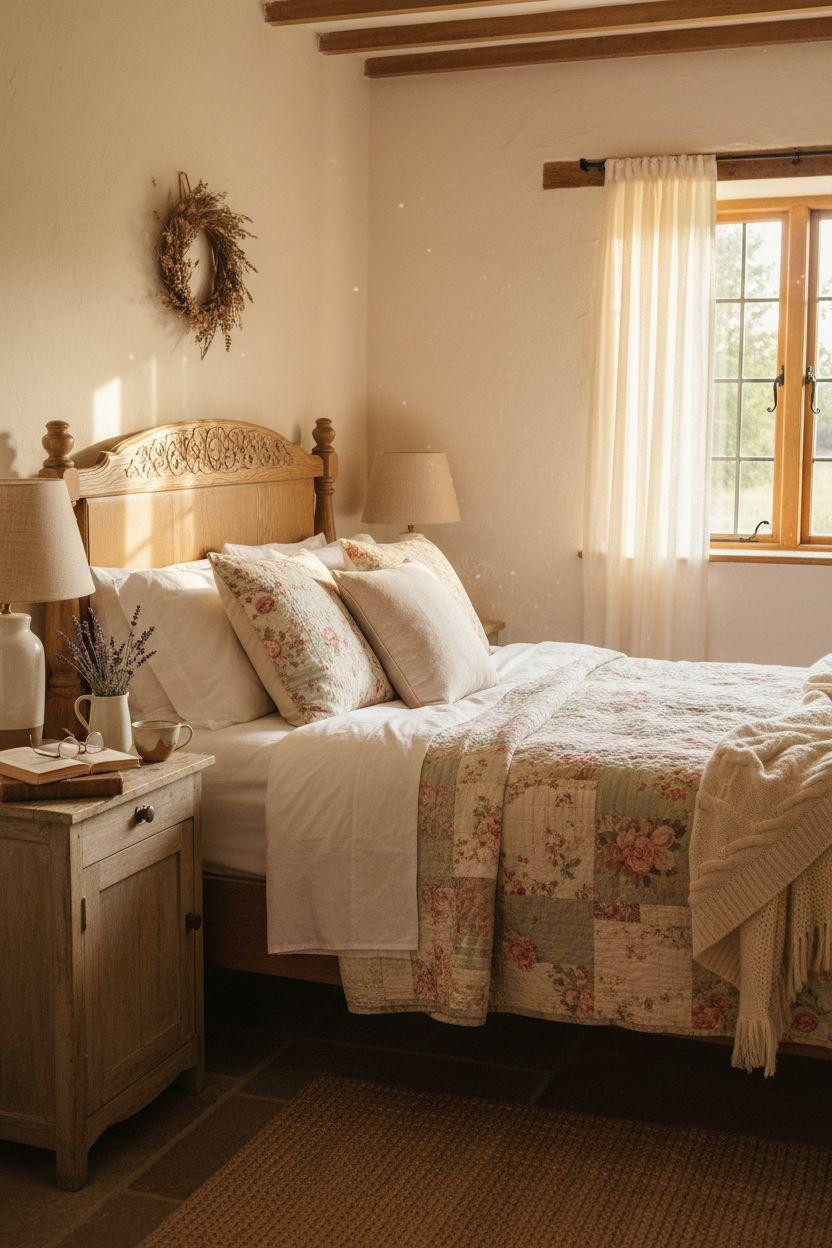Cottage Bedroom - carved oak headboard with vintage patchwork